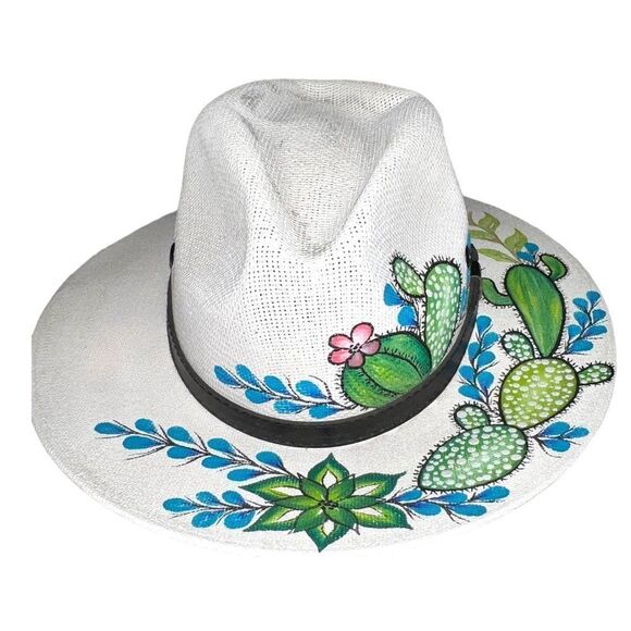 Royal road trading company white straw hand painted fedora! New main image 6